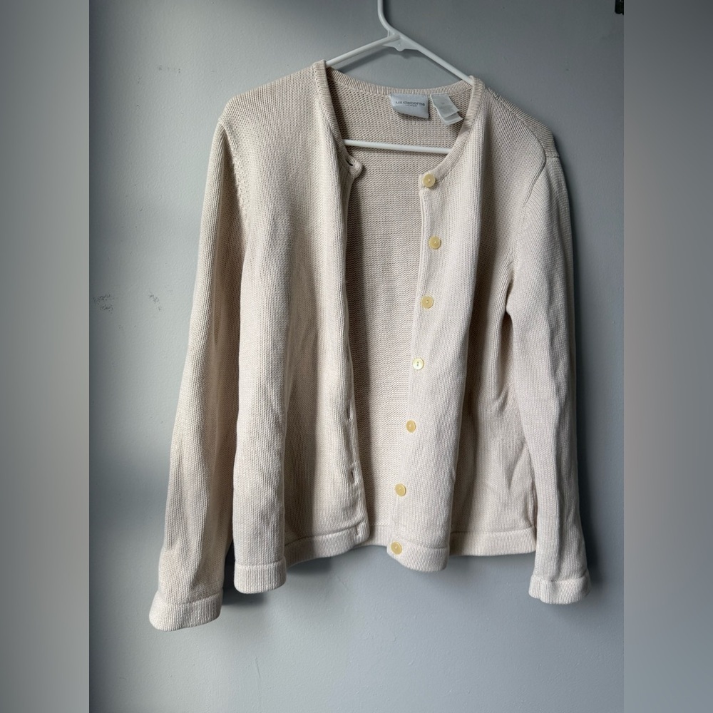 VTG Liz Claiborne Sweater Button Down Cardigan Cream Beige Knit Size S M